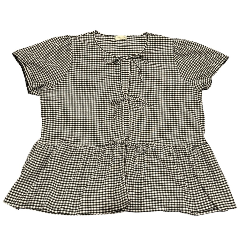Frankee & Skylarr Black Gingham Short Sleeve Open Tie Front Peplum Top Size 3X - Picture 2 of 8